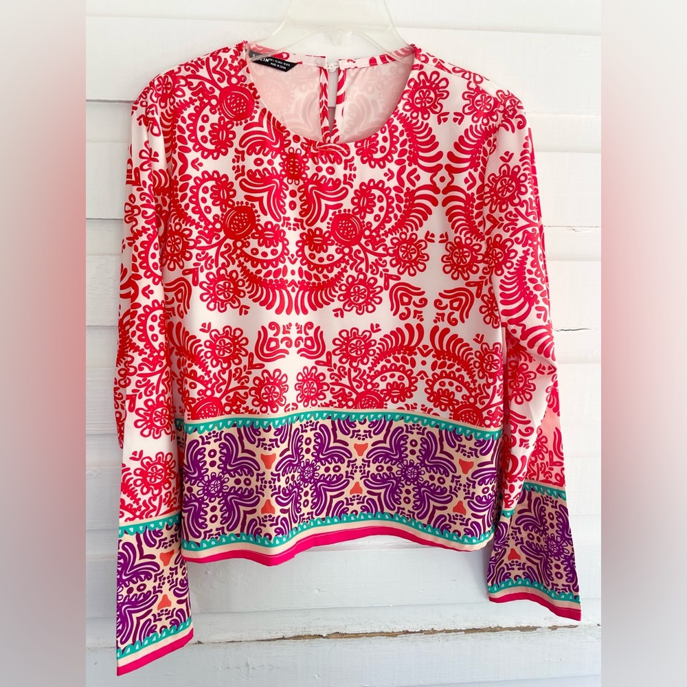 Shein Long Sleeve Bright Orange & Purple Blouse Top Size M/L 8/10